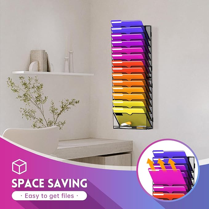 15-Tier Wall File Organizer and Hanging File Organizer with Base, Black | Wall Organizer and Wall File Holder with 15 Vertical Pockets and Bottom Tray for Files, Mail, Folders, Magazines and Paper
