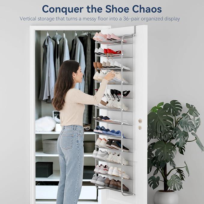 Whitmor 36 Pair Over The Door Shoe Organizer, 12 Tier Hanging Shoe Organizer, Heavy Duty Metal & Mesh Shoe Holder, Hanging Shoe Rack for Closet Organizer & Storage, 74"H x 21.7"W x 7.5"D, Grey