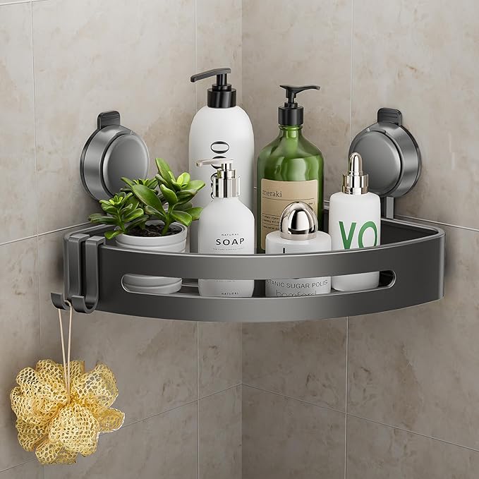 Shower Caddy Corner,Suction Cup Shower Caddy with Hooks,No Drilling Rustproof Aluminum Bathroom Organizers and Storage,Shelves for Bathroom Accessories Decor (1)
