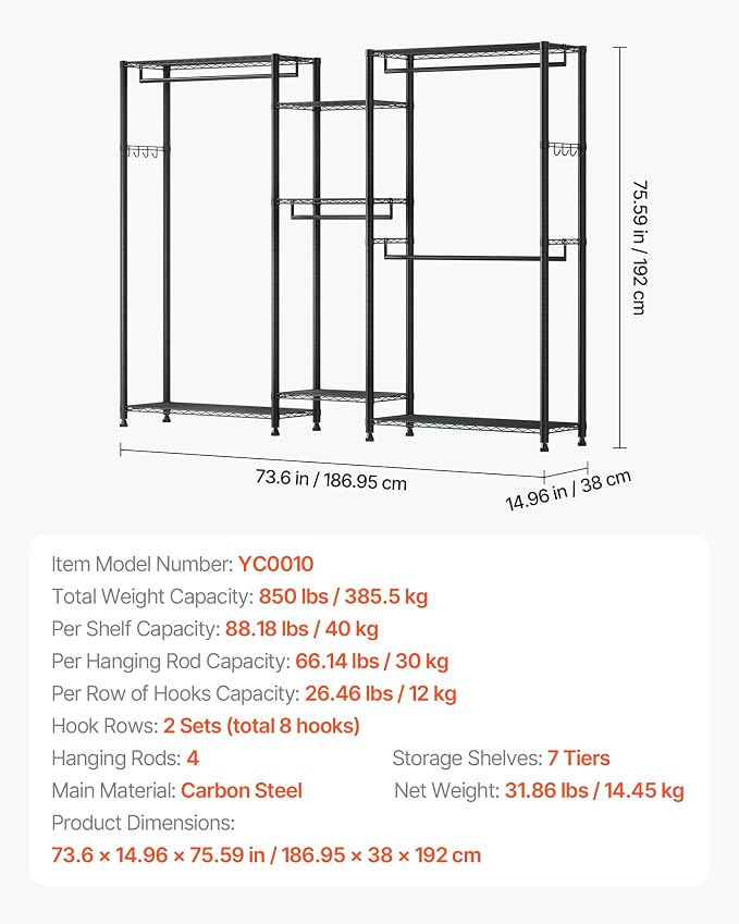 VEVOR Clothing Garment Rack, Heavy Duty Closet Wardrobe, Adjustable Tiers Clothes Racks with Steel Frame, for Bedroom, Clothing Store, Hallway