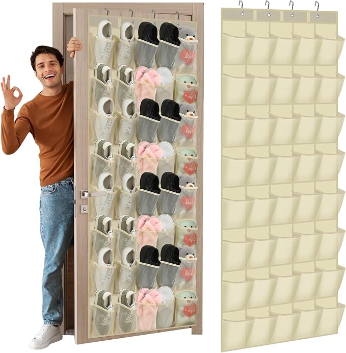 Windyun 40 Pocket Over The Door Shoe Organizer, Large Breathable Mesh Hanging Shoe Rack for Closet, Space Saving Shoes Storage Holder Hanger for Dorm Room Bathroom Bedroom Entryway(Beige)
