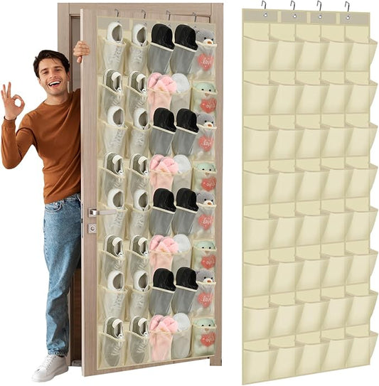 Windyun 40 Pocket Over The Door Shoe Organizer, Large Breathable Mesh Hanging Shoe Rack for Closet, Space Saving Shoes Storage Holder Hanger for Dorm Room Bathroom Bedroom Entryway(Beige)
