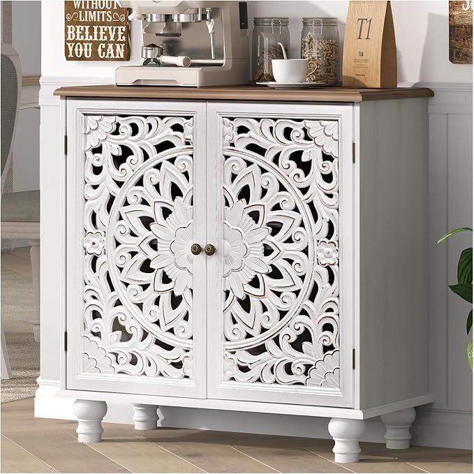 JOINICE 31" Accent Storage Cabinet with Carved Doors,Mandala White | Carved Floral Design, Solid Wood Legs, Boho/Farmhouse, Versatile Storage for Living Room & Bedroom & Hallway, Easy Assembly