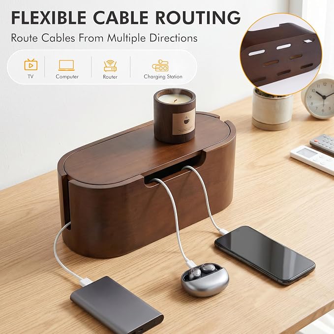 Wooden Cable Management Box with Lid, Decorative Cord Organizer for Power Strip & Charger Cables, Ventilation Holes & Side Slots, Solid Pine Wire Hider for Desk, Home Office, Dorm & Minimalist Setup