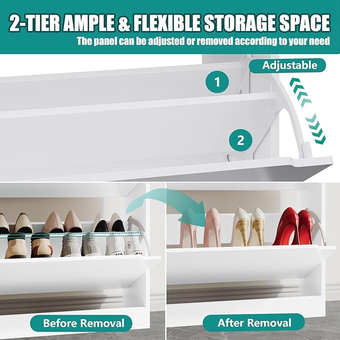 Xixini Shoe Storage Cabinet for Entryway with 4 Flip Drawers, Sturdy Wood Hidden Shoe Storage, Freestanding Narrow Slim Shoe Organizer for Front Door Entrance, Living Room, Hallway, Bedroom, White