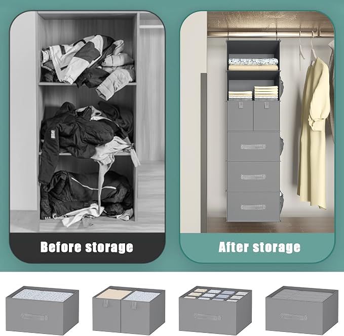 6-Shelf Hanging Closet Organizer with 5 Drawers, Non-Woven Storage, Gray | Spacious compartments sort clothes & undergarments; foldable drawers add hidden storage for closets, wardrobes or RVs.