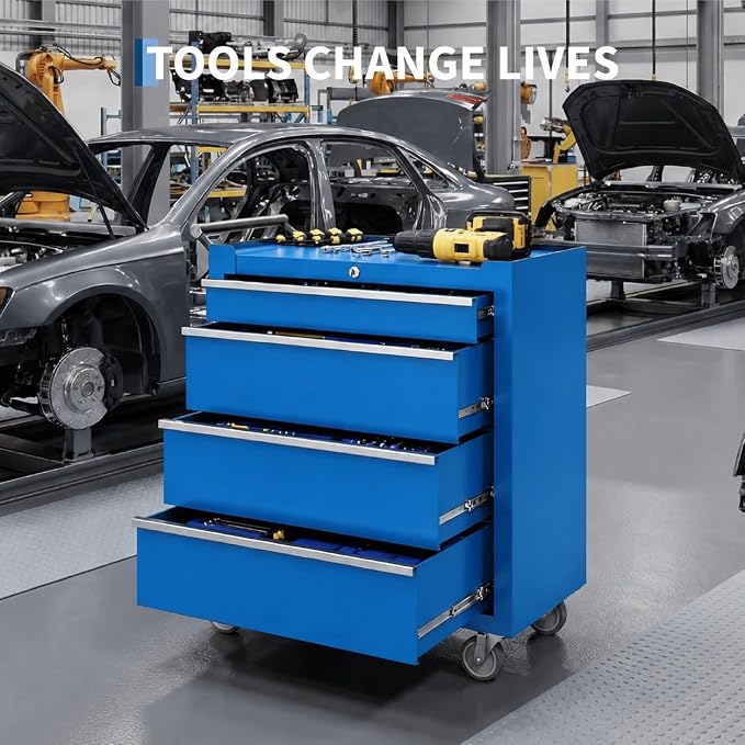 Garvee Rolling Tool Chest, 4 Drawers Tool Storage Cabinet, Toolbox with Wheels, Portable Tool Cabinet Organizer with Locking System & Drawer Liners, Tool Storage Cart for Garage, Workshop, Blue
