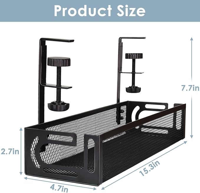 Cable Management Under Desk, Under Desk Cable Management Tray | No Drill Cable Tray, Metal Mesh Cord Organizer, cable organizer with Clamp for Standing Desk, Desk Organizer for Home Office