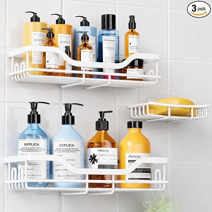 OMAIRA 3-Pack Shower Caddy with Soap Holder, Adhesive Rustproof No-drill Strudy Loading Inside Shower Organizer Shelves Rack Storage Bathroom Organization for Smooth Wall Glass Tile, White