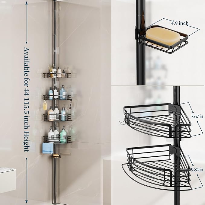 Consumest Corner Shower Caddy Tension Pole - Rustproof Shower Shelves with Towel Bar & Soap Holder, Adjustable Bath Organizer for Bathroom Storage, 27.6-108.3 inch, Black