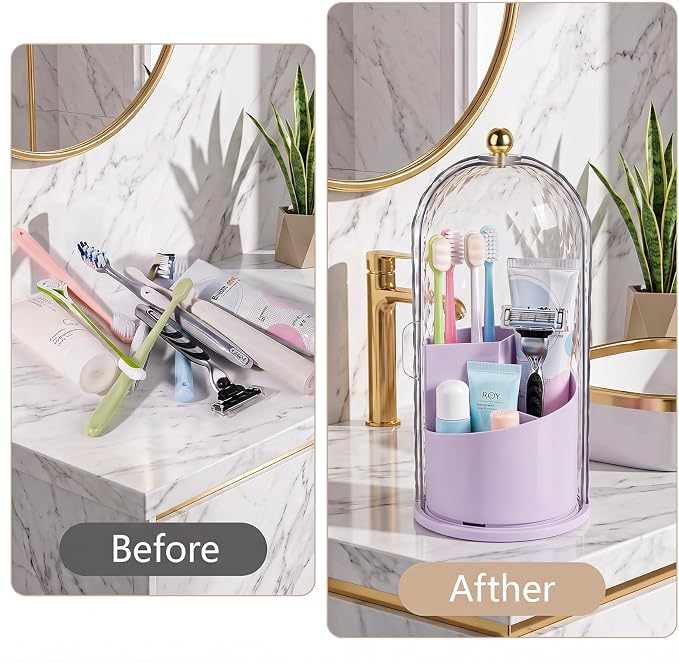 Toothbrush Holder with Cover for Bathroom Countertop, Organizer, Purple | Rotating 3 Slot Holder for Electric Toothbrushes, Toothpaste, Self Draining Vanity Organizer, Makeup Brush Storage