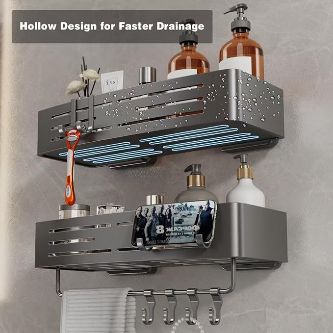Voldra Adhesive Shower Caddy, 2 Pack Shower Shelves for Inside Shower No Drilling, Aluminum Stick On Showers Organizer with Towel Bar & Hooks Removable Bathroom Shelf Storage Rack(Gray)