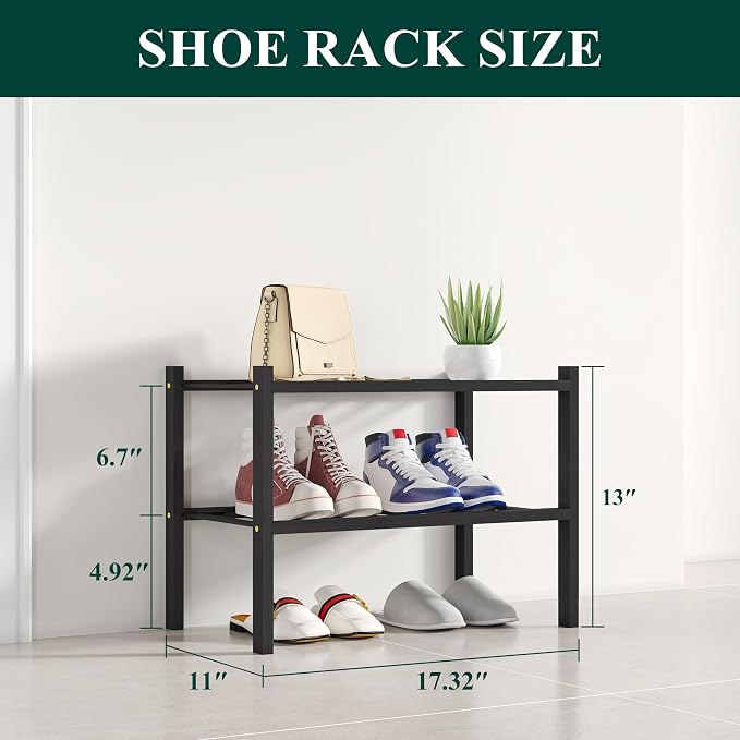 Smiry Bamboo Shoe Rack, 12 Vertical Slats, 2 Tier - 17.3" Wide, Black | Stackable Free Standing Wooden Shoe Organizer, Wood Shoe Storage Shelf for Closet, Entryway
