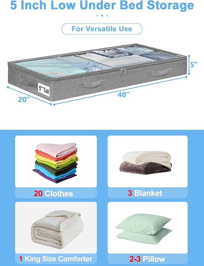 punemi 5 inch High Soft Fabric Low Profile Under Bed Storage, 4 Pack, Grey | Thin Clothes Storage Containers with 3 Handles & Clear Lid, Ideal for Bedding & Blankets, Fits Under Cribs, Sofas & Dorm Beds