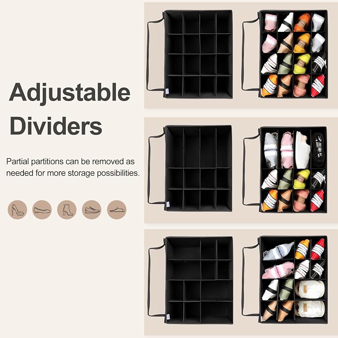 Shoe Organizer for Closet, Foldable Shoe Box with Adjustable Dividers and Clear Cover, Space Saving Shoe Storage Organizer Cabinet with Reinforced Handles, Fits 16 Pairs, Black, TP09B