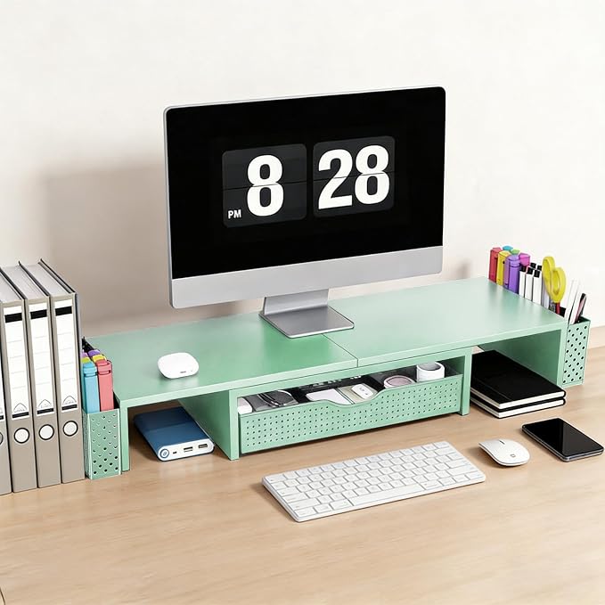 Spacrea Metal Desk Organizers and Accessories, Dual Monitor Stand Riser with Drawer and 2 Pen Holders, Book Racks, Desk Accessories & Workspace Desktop Organizers for Office Supplies (Sage Green)