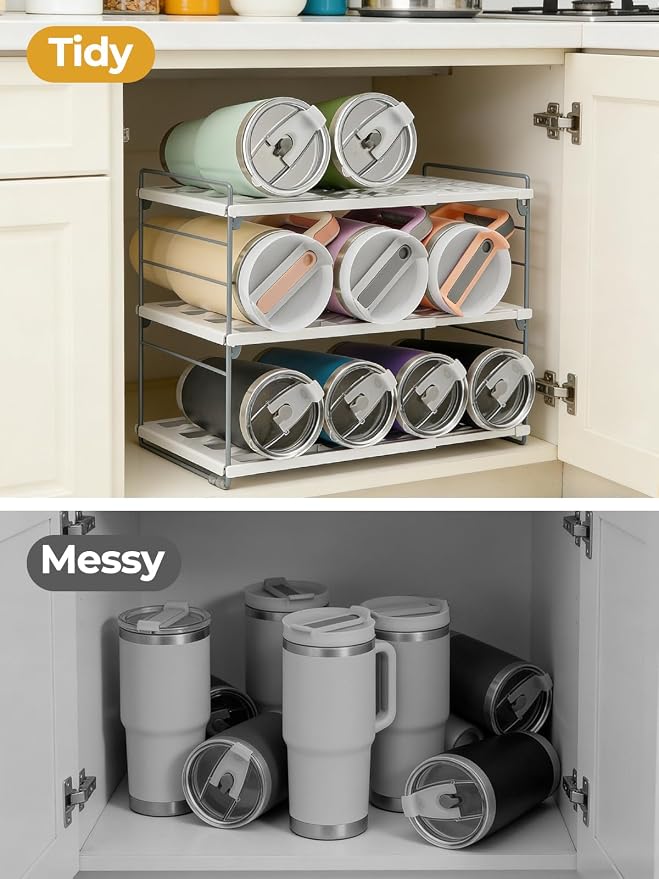 Cirhy 12" Tall 3-Tier Expandable Water Bottle Organizer – Fits 20-40 oz Stanley, Owala, Yeti Tumblers, Shaker Cups & Travel Mugs – Adjustable Storage Rack for Cabinet, Kitchen & Pantry Organization | Adjustable 12" Tall Bottle Rack, Fits 20-40 oz Tumbl...