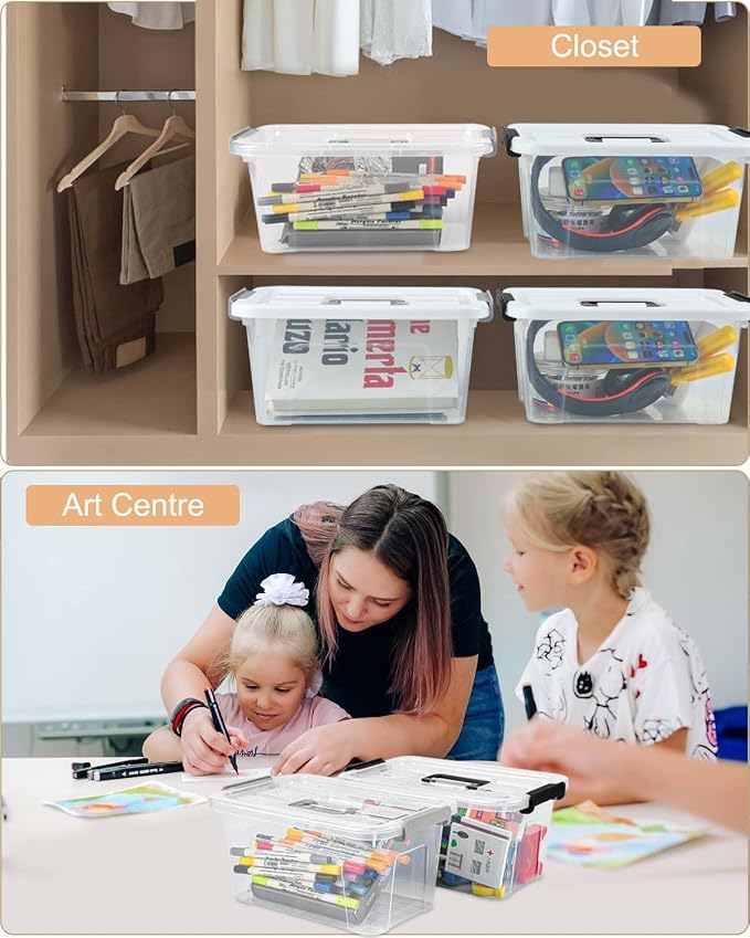 AREYZIN Plastic Storage Bins With Lids,6 Pack Storage Organizer Bins,7 Quart Stackable Storage container with Lid and Gray Handle Buckle Easy for Home Office Organization, with White Lids