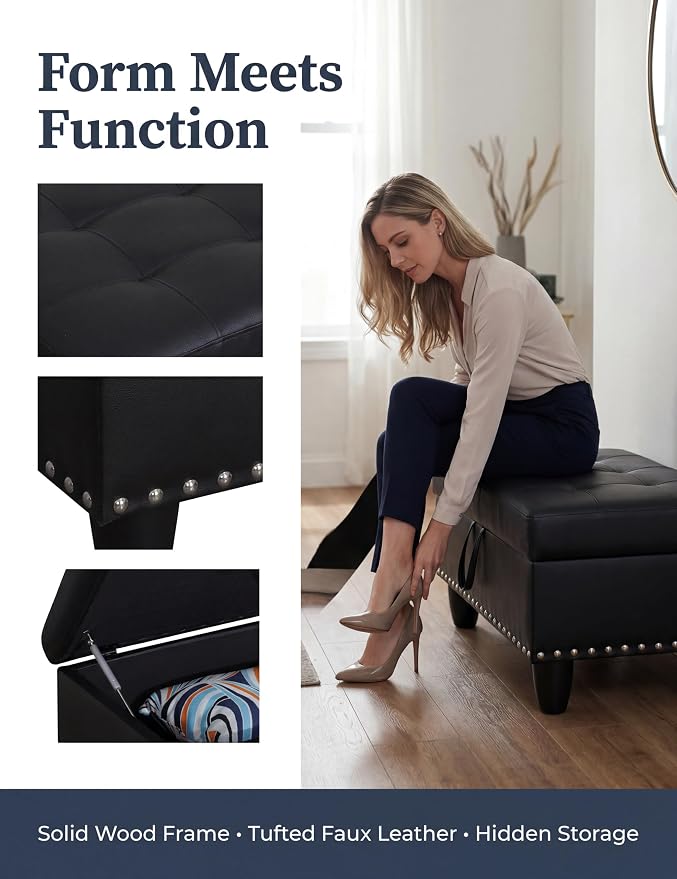 Ottoman with Storage, 28.5 inch Faux Leather Storage Ottoman with Padded Seat, Large Entryway Bench with Solid Wood Frame, Upholstered Sturdy Foot Rest for Living Room, Bedroom, Entryway