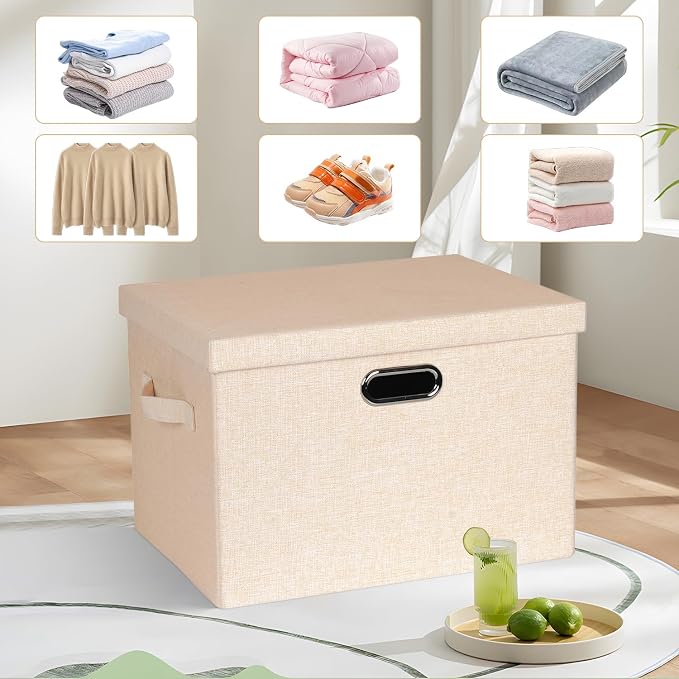 Storage Bins with Lids Fabric Closet Organizers Cubes Office Organization | 36 Quart 3 Pack Light Orange Collapsible Stackable Linen Fabric 4 Handles Bedroom Closet Cabinet Under Bed Clothes Toy Office