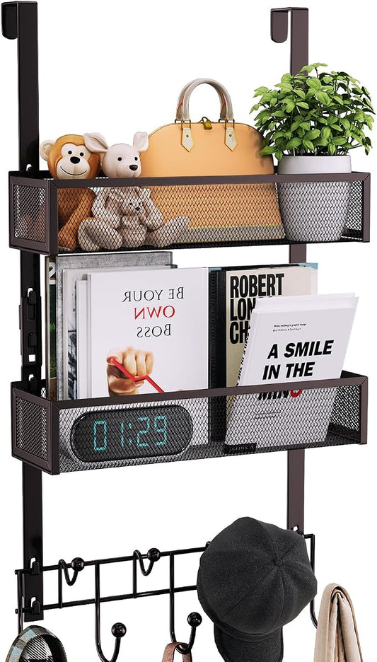 Consumest Over The Door Hooks Organizer - 3 Tier Door Hanger with 9 Coat Hooks & 2 Mesh Basket, Back Storage Organizer Hanging Towels for Bathroom, Bedroom, Bronze