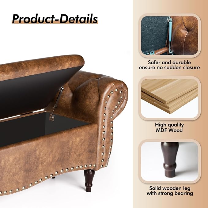 ZZW Storage Ottoman Bench, 51" Length Upholstered End of Bed Storage Bench for Bedroom with Safety Hinge, Tufted Bed Benches with Rolled Arm and Nailhead Trim for Living Room, Entryway Brown