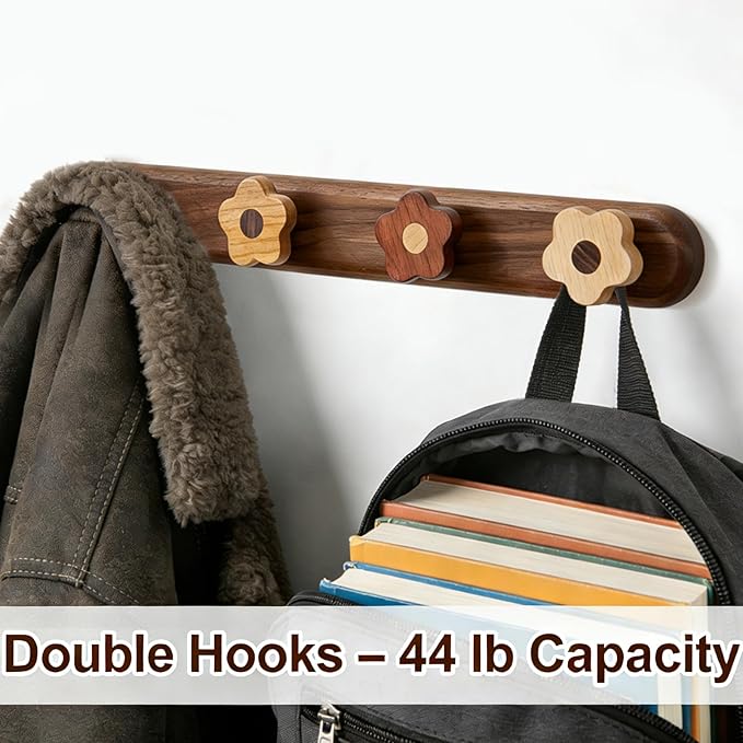 Kids Coat Rack Wall Mount - Wood Cute Flower Coat Hooks for Hanging Clothes,Purse,Robe,Towels,Backpack,Modern Decorative Walnut Wall hooks Heavy Duty Hanger for Girls Nursery,Bathroom,Entryway&Bedroom
