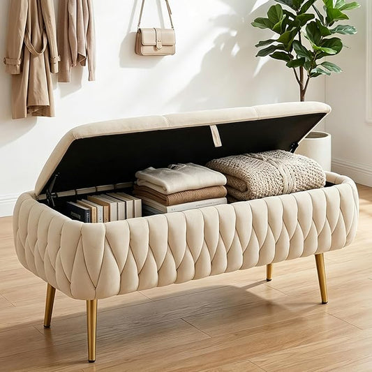 Bench for Entryway 41.3", Bedroom Benches for Foot of Bed, Ottoman with Storage for Bedroom, Upholstered Rectangular Ottoman for Living Room, Entryway, Holds up to 450 lb (White-A)