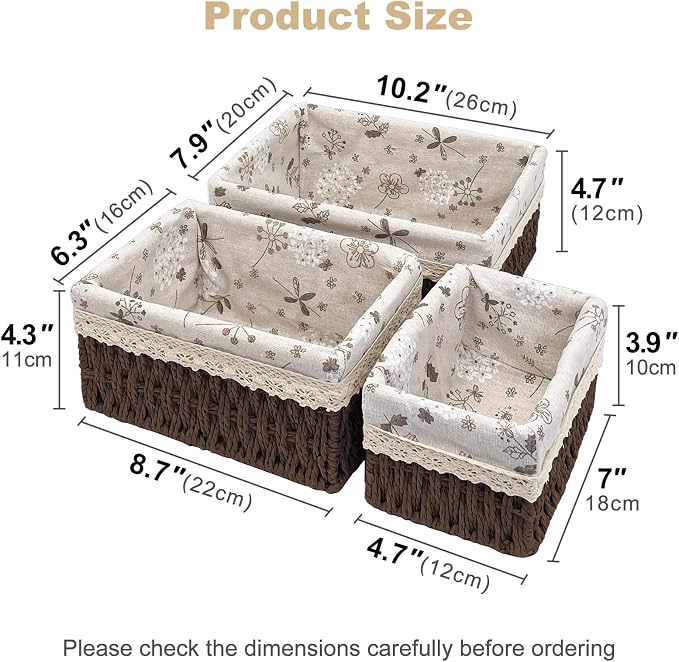 Wicker Storage Baskets Set of 3, Handwoven Paper Rope Organizer Bins with Removable Floral Liner, Small Medium Large for Bathroom, Pantry, Shelf, Countertop, Closet (Brown, L+M+S)