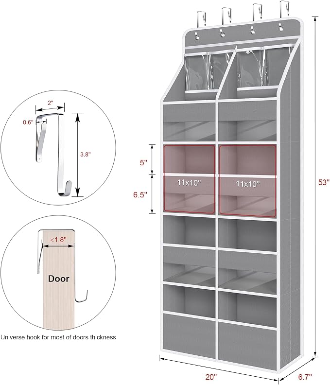 Univivi Upgraded Over the Door Organizer for Baby Nursery, Grey, 5-Shelf | Fabric Door Organizer with Clear Window Deep Pockets, Over Door Hanging Organizer for Baby Essential, Bedroom, and Dorm