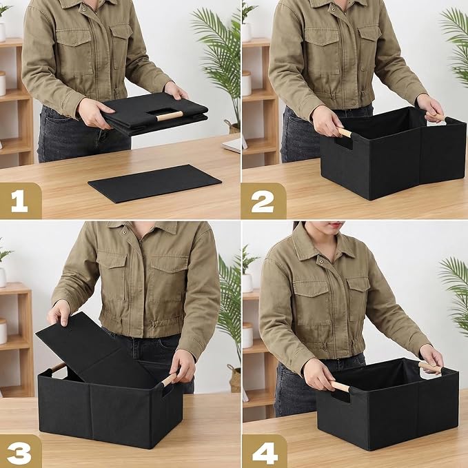 Foldable Fabric Storage Cubes, 2 Packs Cloth Storage Baskets with Wooden Handles, Collapsible Shelf Closet Organizer Bins, Rectangular Storage Boxes for Decor (Black 2 Pack)