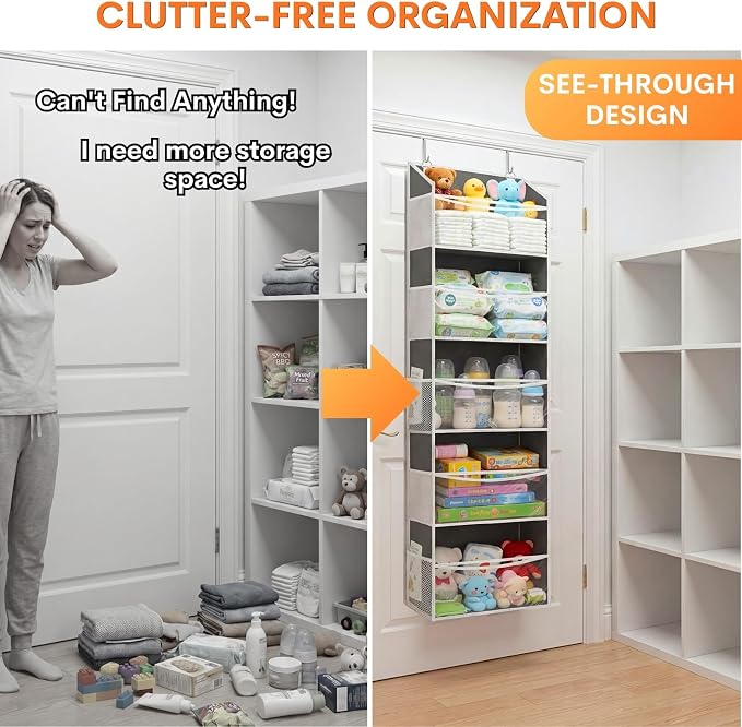 Ofiray-home 5Tiers Over Door Organizer, Weekly Clothes Organizer for Kids | 5 clear PVC front pockets, 10 mesh side pockets, weekly outfit planner, for kids, dorm, entryway, RV, 50 lbs capacity