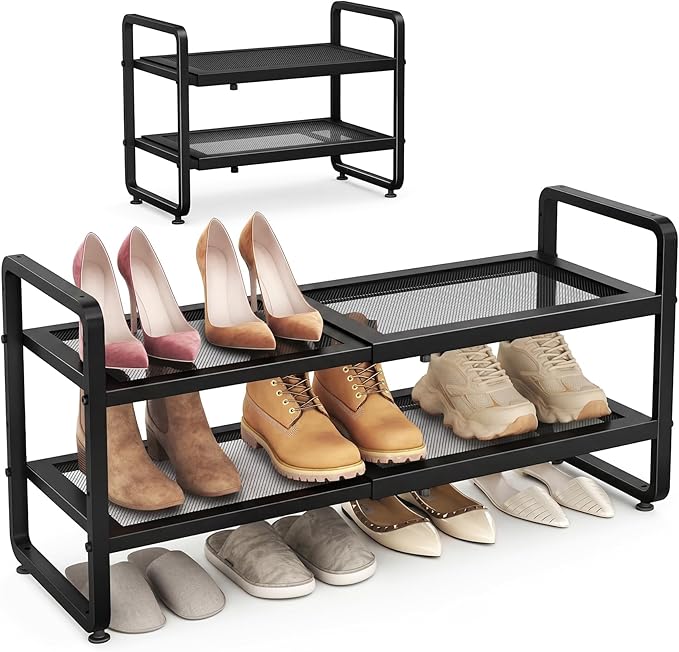 SAYZH Expandable Shoe Rack for Closet, Adjustable Metal Shoe Organizer with Sturdy Mesh Shelves for Boots & Heels, Stackable Shoe Storage for Entryway, Garage, Small Spaces (Black, 2-Tier)
