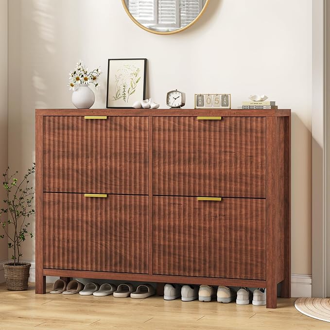 47" Fluted Shoe Cabinet Stoarge with 4 Flip Drawers for Entryway, Hallway | Hidden Shoe Rack Slim Freestanding Shoe Organizer with Legs for Hallway, Living Room, Red Walnut