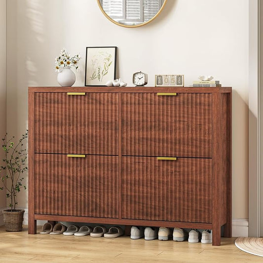 47" Fluted Shoe Cabinet Stoarge with 4 Flip Drawers for Entryway, Hallway | Hidden Shoe Rack Slim Freestanding Shoe Organizer with Legs for Hallway, Living Room, Red Walnut
