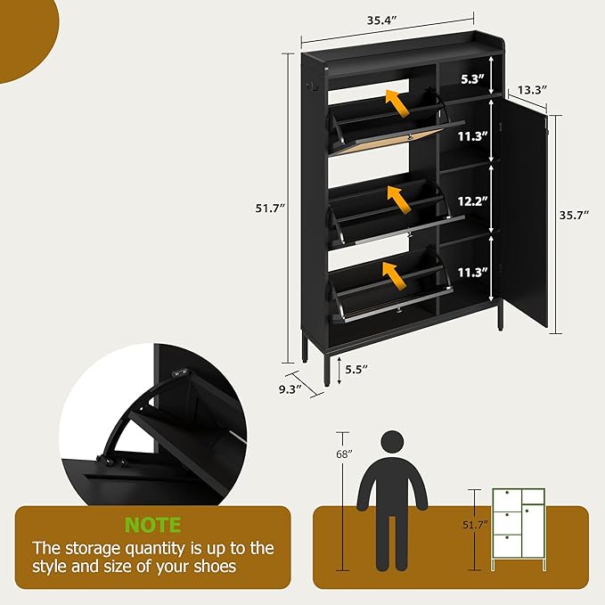 Garvee Shoe Cabinet with 3 Flip Drawers and 4-Tier Shoe Storage Cabinet, Freestanding Shoe Organizer with Adjustable Shelf and Rattan Doors for Entryway, Closet, Hallway