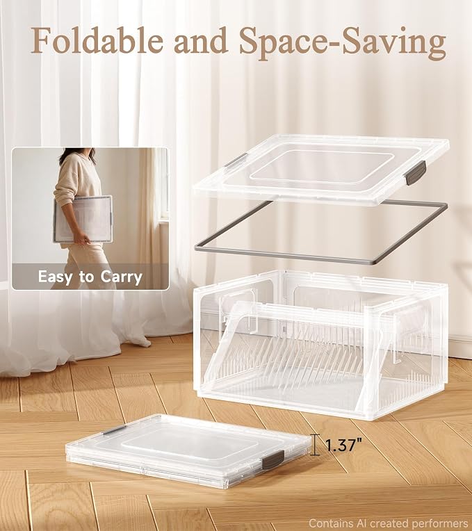 OlarHike 28QT Collapsible Storage Bins with Lids, Clear Box for Home-2 Pack | Plastic Organizer Box, Foldable Tote & Container for Closet, Living Room, Garage, Stackable Straight Design Offers More Space