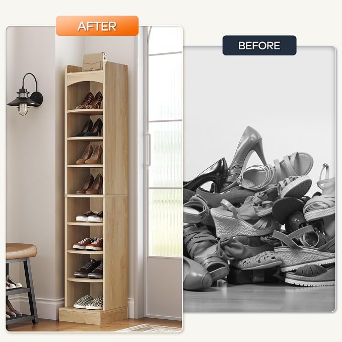 9-Tier Tall Shoe Rack, Wooden Shoe Storage Organizer, Narrow Shoe Cabinet with Removable Shelves for Small Spaces, Holds 9 Pairs of Shoes, for Entrance, Hallway, Natural SS02NL