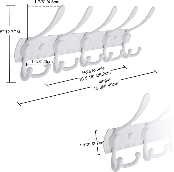 Dseap Wall Mounted Coat Rack - 5 Tri Hooks, Heavy Duty, Stainless Steel, Metal Coat Hook Rail for Coat Hat Towel Purse Robes Mudroom Bathroom Entryway (White, 2 Packs)
