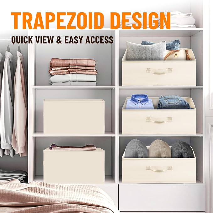 Closet Organizers Bins 4 Pack - Large Closet Shelf Organizer with Handles - Fabric Trapezoid Home Organization and Storage Baskets for Organizing Clothes Toy Blanket Towel Purse Hats