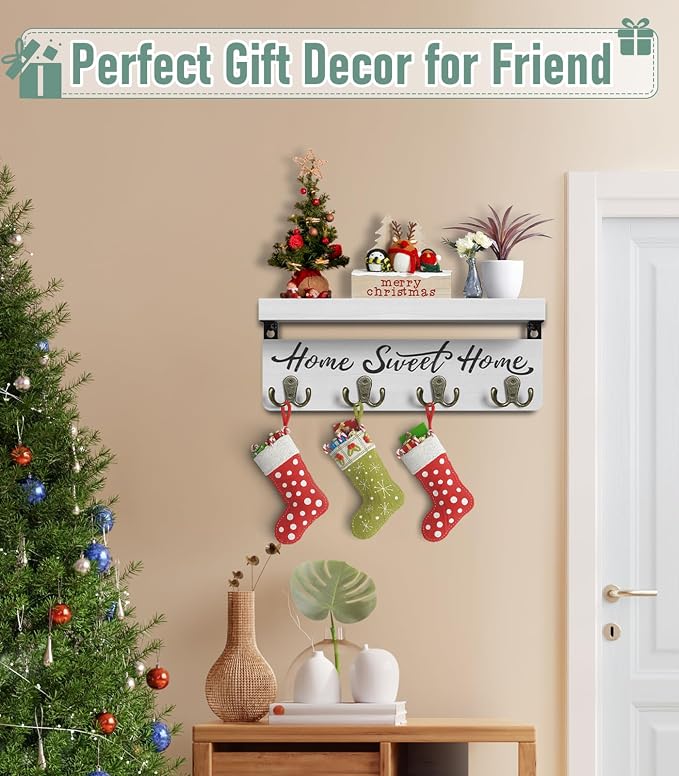 buways Key Holder Wall Mount with 8 Rustic Hooks and Cozy Home Sign(White) | Solid Wood,lots of colors, Floating Shelf for Keys, Mail, and Daily Essentials in Entryways, Hallways or Home Decor