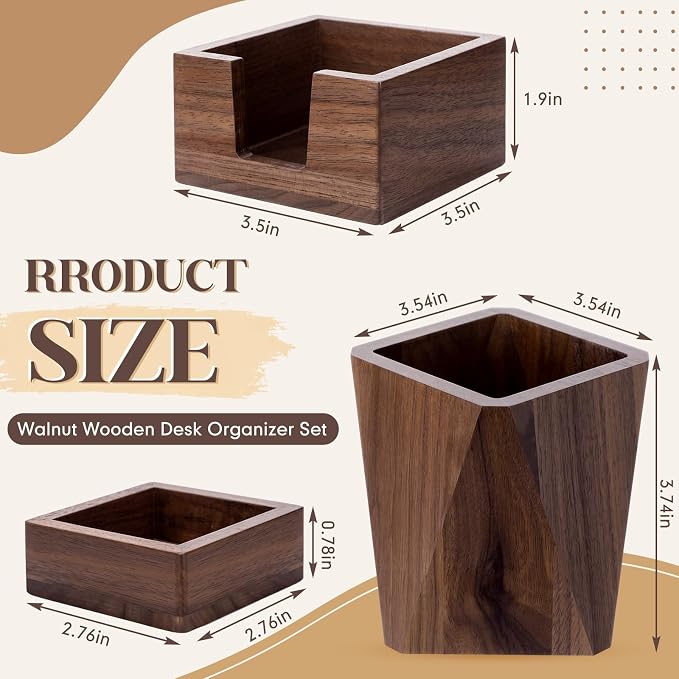 Novabright 3 Pcs Walnut Wooden Desk Organizer Set Office Desk Accessories | Desktop Writing Stationery Organizer, Wood Sticky Note Holder, Pencil Holder and Paperclip Storage for Craft Home Office