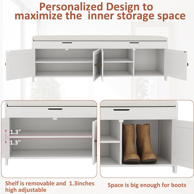 HOMEFORT 54.4" Shoe Bench with Lift Top Storage, Entryway Bench with Cushioned Seat, Wooden End of Bed Bench, Shoe Cabinet Bench with Hidden Storage Space, for Bedroom, Hallway,White