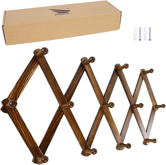 AMAPON Accordion Wall Hanger Expandable Coat Hat Rack 13Peg (Walnut) | Hang Hats Jackets Coffee Mug Purses Necklaces Towels Cap Leash Scarves Data Line Kitchenware
