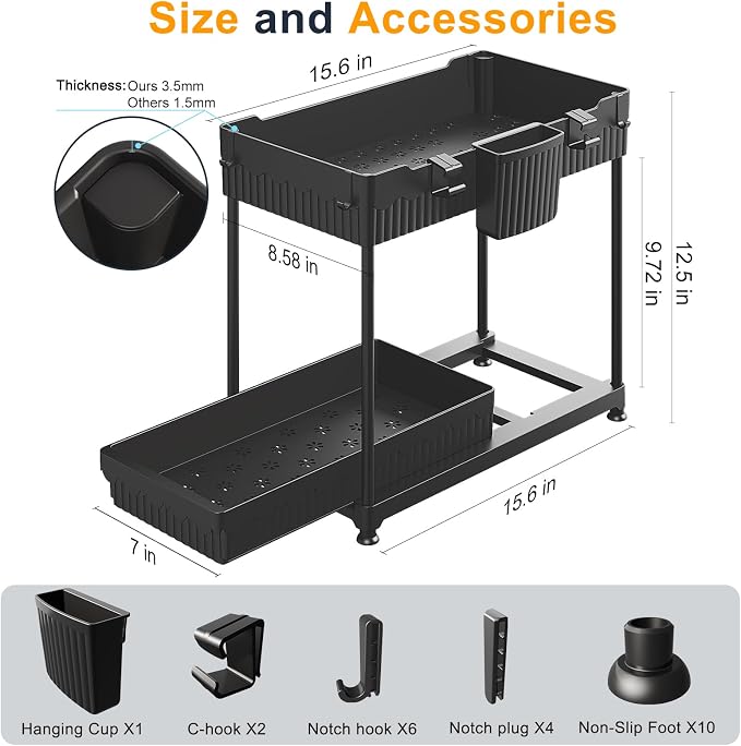 Sevenblue 2-Pack 2-Tier Under Sink Organizers with Sliding Drawers | Multi-use kitchen & bathroom storage, 12.85 inch black cabinet organizer, space-saving sliding drawer design.