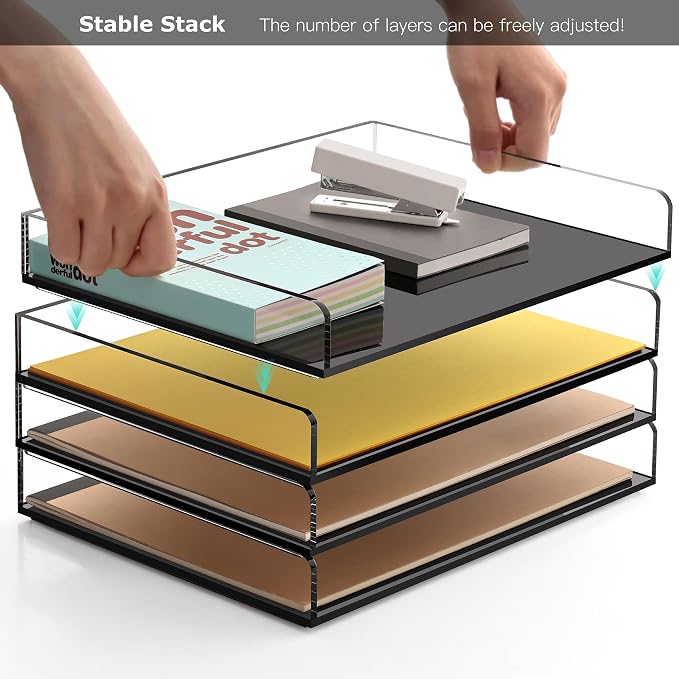 2 Pack Black Stackable Paper Letter Tray, A4 File Tray Desk Organizer, Acrylic Desk Organizers and Accessories Sorter, Clear Workspace Office Supplies Organizers, 12.4inx8.86inx3.46in
