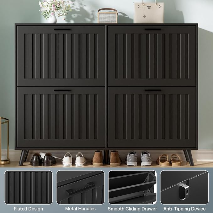 Shoe Storage Cabinet with 4 Flip Drawers, Modern Freestanding Organizer with Adjustable Shelf, Narrow Shoe Rack Cabinet for Entryway, Black