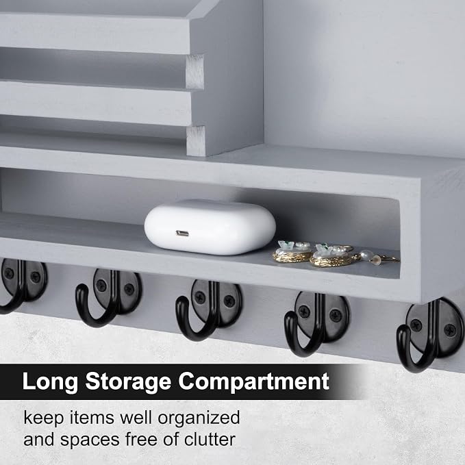 Key and Mail Holder Wall Mount, Key Hanger with Long Storage Box and Key Hooks for Coat, Dog Leash, Home Decor Rack, House Accessories, Entry Way Organizer