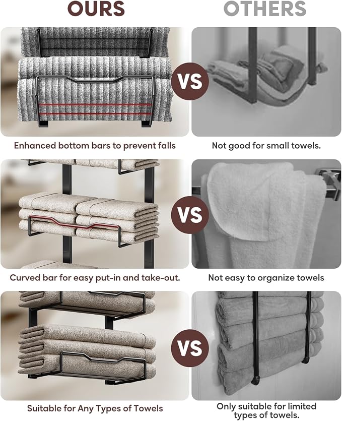 Aetyord Hanging Towel Racks for Bathroom No Drill - 6-Tier Over The Door Bath Towel Storage Organizer for Small Bathrooms - Tiered Back of Door Towel Holder Hanger for Rolled Towels RV Camper Black | 6-Tier Over The Door Bath Towel Storage Organizer wi...