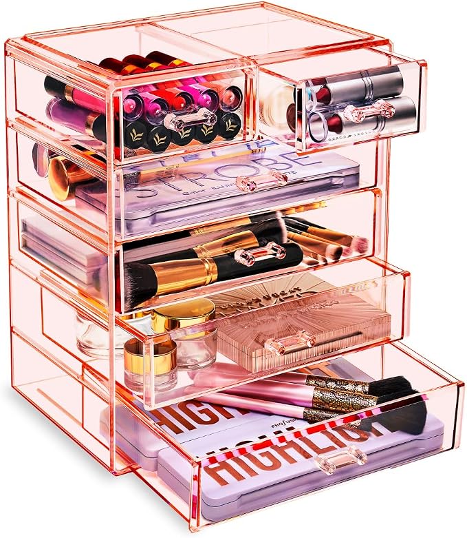 Sorbus Acrylic Makeup Organizer Set, 6-Drawer Vanity & Countertop Cosmetic Storage with Small & Wide Drawers, Pink Makeup Storage for Brushes, Lipsticks, Jewelry – Holiday Gift for Women & Teens